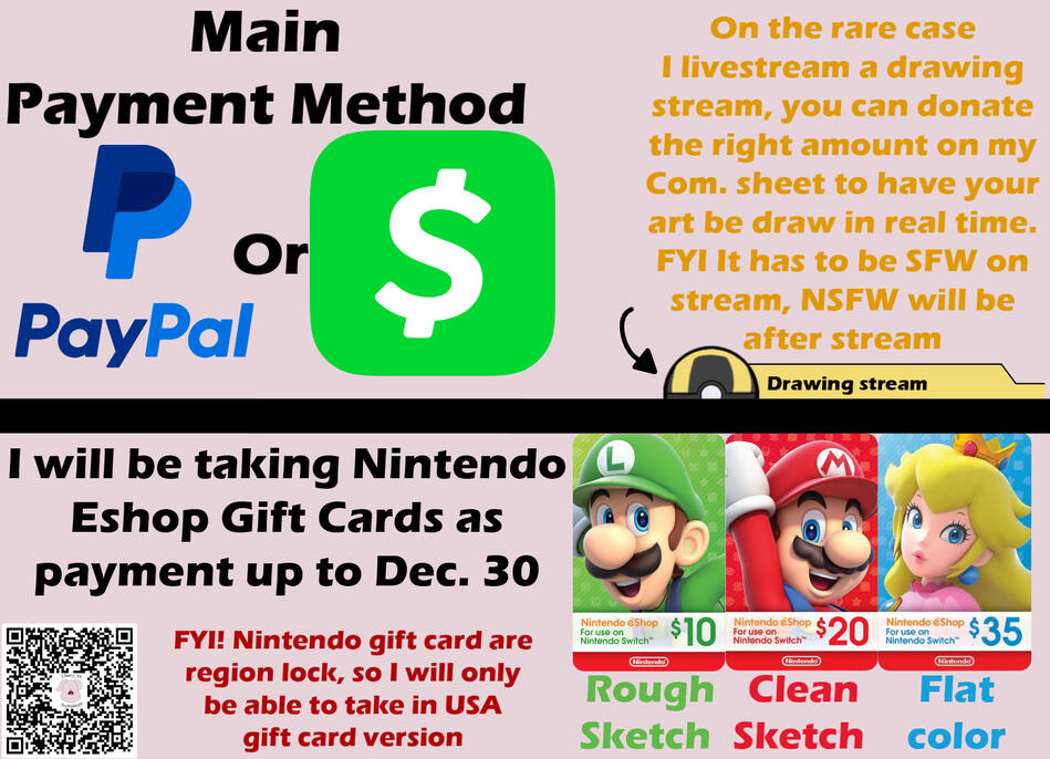 Here is my gift card price sheet. Just note that the Nintendo Eshop gift card are region lock, so I only take USD Nintendo Eshop gift card. These gift cards have a few slot, so be sure to buy them before they're gone, I'll be updating them once someone mak